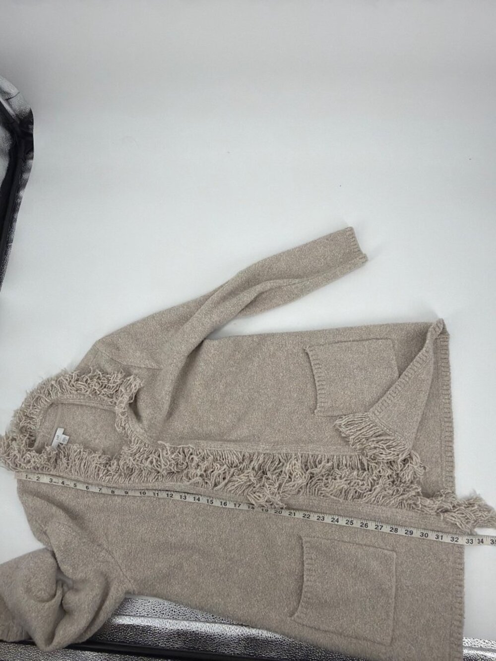 J. Jill Fringe Open Cardigan Sweater Pockets Beige Casual Cozy Womens Small - Picture 8 of 8